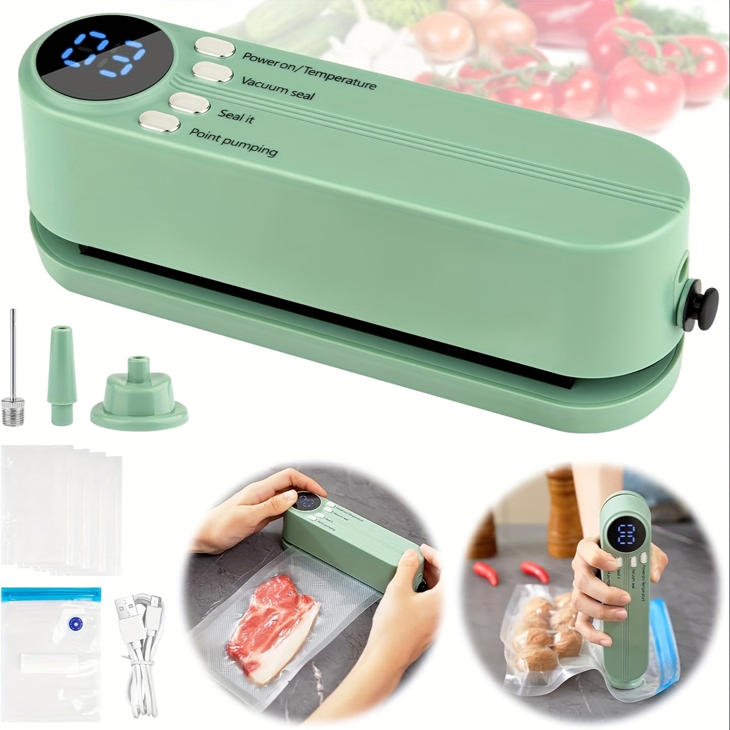 USB Rechargeable Vacuum Sealer, 1200mAh Battery, Multifunctional Home and Outdoor Vacuum Sealer, Inflatable, Space-Saving Design, Suitable for Freshness of Food, Snacks, Meat, Fruits, Vegetables - ≤36V Operating Voltage