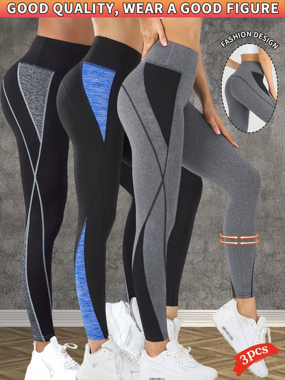 3-Pack Women's High-Waisted Yoga Pants - Tummy Control Butt-Lifting Workout Leggings, Breathable Stretchy Fitness Pants with Color-Block Design for Gym Running Training, Spring Summer Fall Essentials, Seasonal Activewear, Con