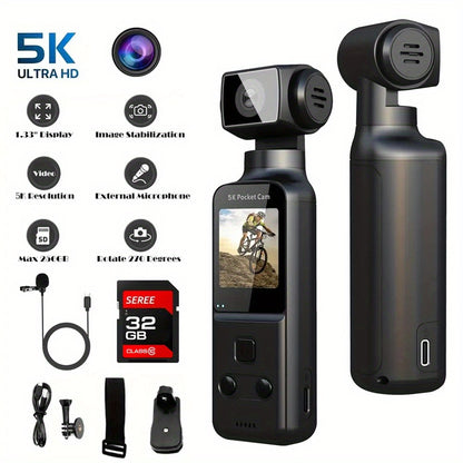 1pc 5K Vlog Camera with 3-Axis Gimbal & Magnetic Mount | 270° FOV + 3.38cm CMOS for American Style Beauty | Pocket-Sized | USB-C Fast Charge | Ultimate Travel/ Back to School Vlogging Kit (Easter Gifts Ready)