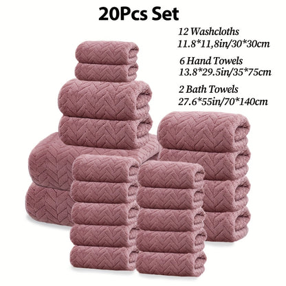 20pcs Bathroom Towel Set, Including 12 Wash Towels + 6 Towels + 2 Large Towels, Made of Microfiber, Multi-Color Available, Soft And Comfortable, with Lanyard Design, Suitable for Bathroom And Hotel, For Body, Face Towel, Bath