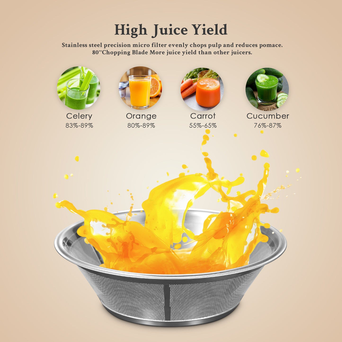 Extrator de sumo de 800 W para frutas e legumes integrais, preparação rápida de sumos, fácil de limpar, tubo de alimentação largo de 75 mm, duas velocidades e pés antiderrapantes.