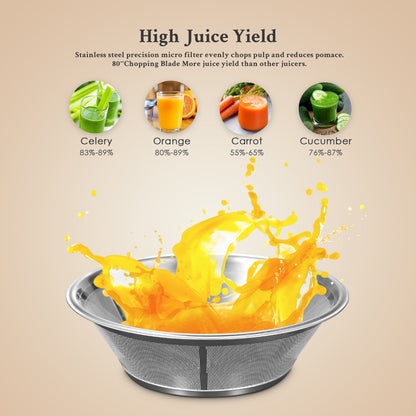 Extrator de sumo de 800 W para frutas e legumes integrais, preparação rápida de sumos, fácil de limpar, tubo de alimentação largo de 75 mm, duas velocidades e pés antiderrapantes.