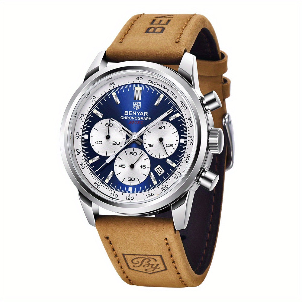 BENYAR Top Brand Men's Watches Sport For Men Multifunction Chronograph Black Fashion Quartz Wristwatches Calendar With Leather Strap