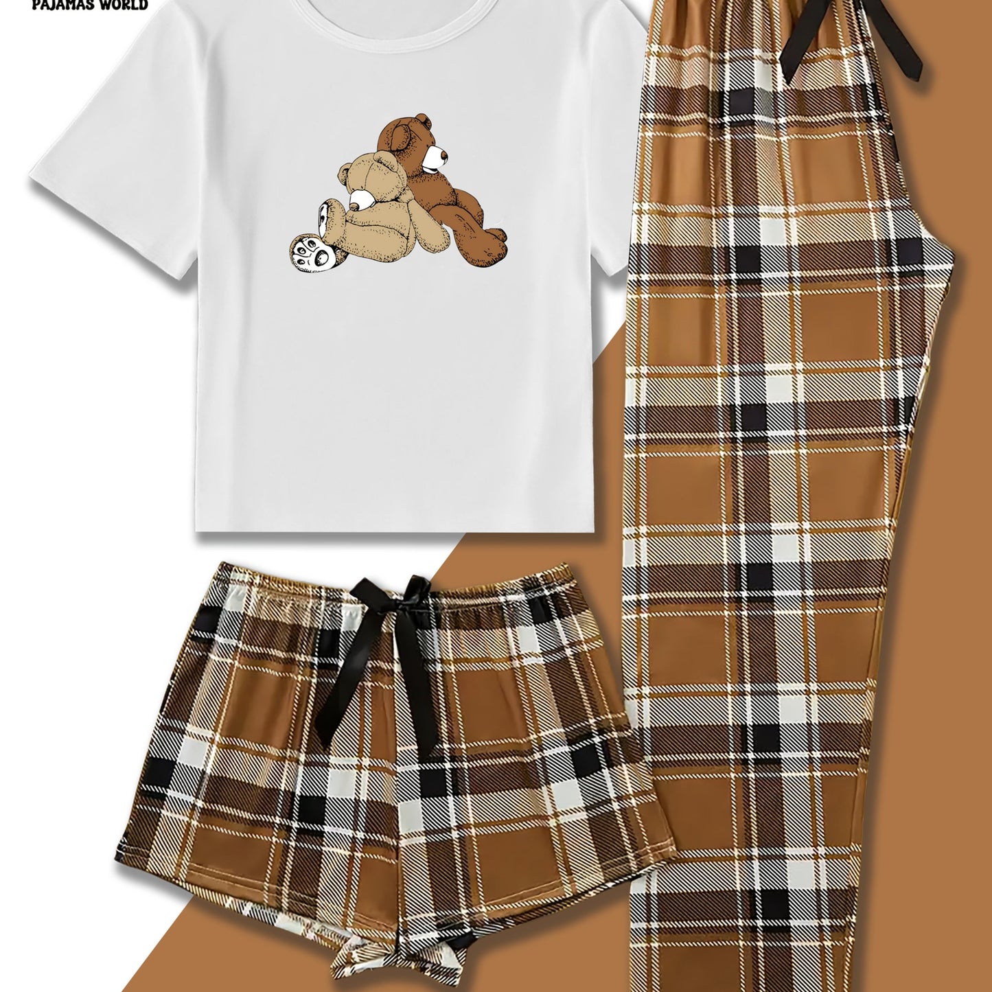 Conjunto de pijama casual para mulher com estampado de urso e xadrez - Blusa de manga curta macia e larga com cintura elástica, calças compridas e calções, roupa de dormir aconchegante para o outono/inverno