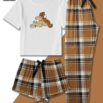 Conjunto de pijama casual para mulher com estampado de urso e xadrez - Blusa de manga curta macia e larga com cintura elástica, calças compridas e calções, roupa de dormir aconchegante para o outono/inverno
