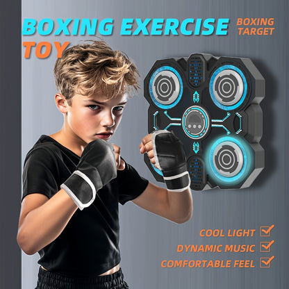 Interactive boxing exercise toy with 4 targets, updated edition with cool LED lights and dynamic music, includes punching gloves, adjustable speed, wall mountable, ideal for indoor training and family fun, battery operated (AA No. 1)