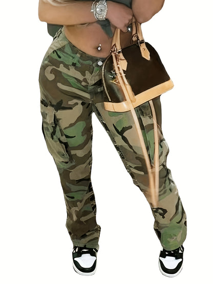 High Waist Straight Camouflage Cargo Jeans, Camo Print Medium Stretch Side Flap Pocket High Rise Denim Pants, Women's Denim Jeans & Clothing
