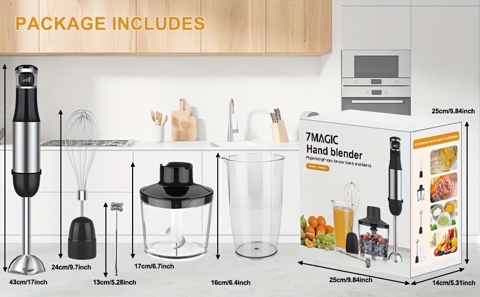 6in 1 Handheld Immersion Blender - Stainless Steel Stick Blender with 5 Speed, Chopper, Whisk And Milk Frother for Meat, Mashed Potatoes And Baby Food