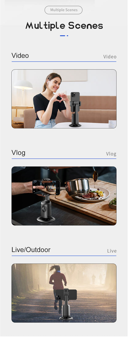 Tripé com seguimento facial automático, sem necessidade de aplicação, suporte para telemóvel com rotação de 360° para rosto e corpo, ideal para vlogs e live streams, bateria recarregável, preto.