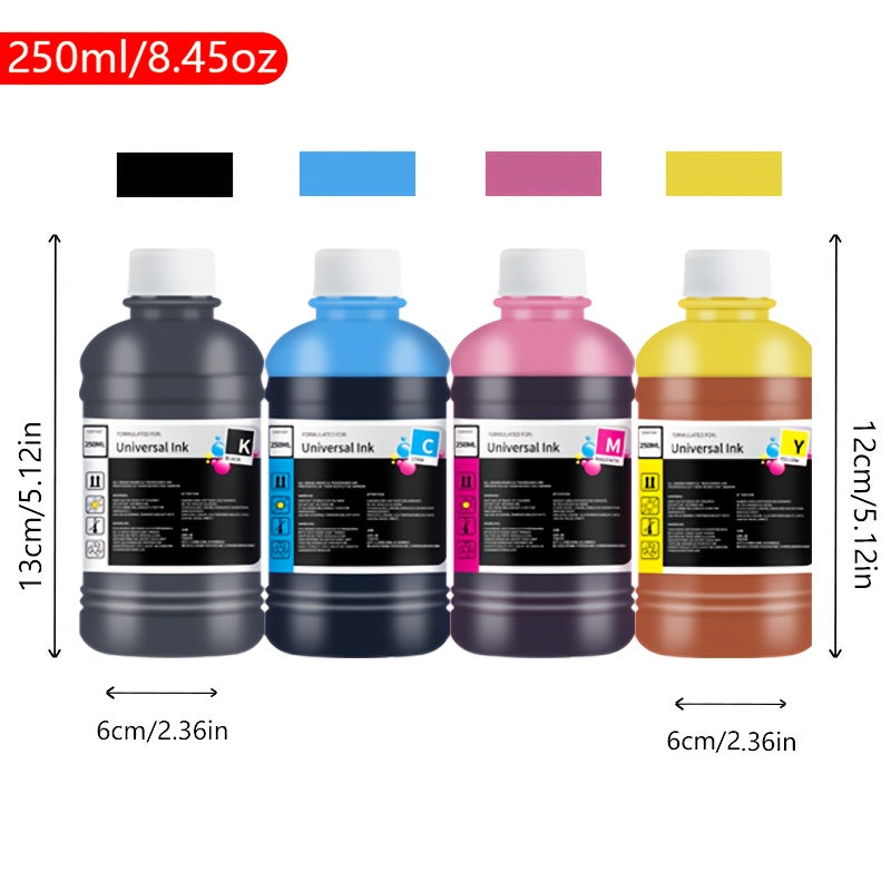 Dye Ink Cartridge Filling for Canon, Epson, HP, and Brother Printers - 250ml/8.45 oz universal ink cartridge with 4 color options (black, blue, pink, yellow) for HP 301XL, 302XL, 305XL, 304XL, PG-545, CL-546, 245, 246, 745 - H
