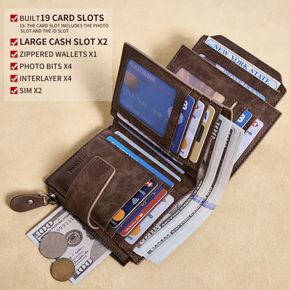 BANYANU Vintage Genuine Leather Wallet for Men - RFID Blocking, 17 Card Slots, Zippered Coin Pocket &amp; Independent Card Holder, Brown, Perfect Father'S Day Gift, Secure Card Storage | Vintage Wallet | Durable Zipper Closure, B