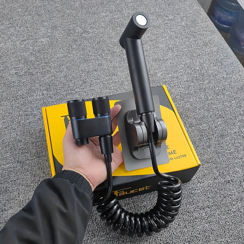 Double control angle valve with one inlet and two outlets, new booster spray gun includes a 2-meter telescopic hose, no-drill bracket. G1/2 interface, easy installation, convenient to use, comes with mounting accessories, no