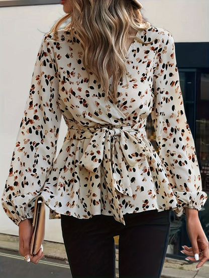 Allover Print Tie Waist Blouse, Vintage V-neck Lantern Sleeve Blouse For Spring & Fall, Women's Clothing