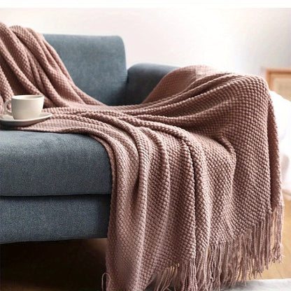1pc Throw Blanket with Tassels, Bubble Textured Lightweight Throw Blanket for Couch Bed Sofa Home Decor