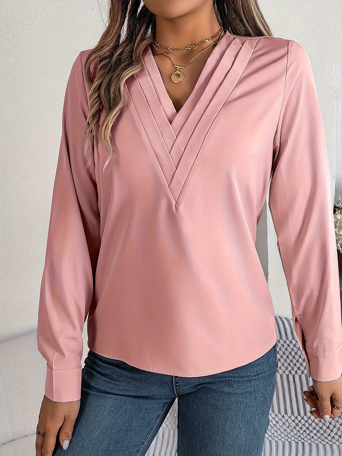 Women'S Elegant V-Neck Long Sleeve Shirt, Solid Color Polyester Blouse with Triple V-Cut, 95% Polyester 5% Elastane, Woven Fabric, 120g/m², for Spring/Summer/Fall - Adult