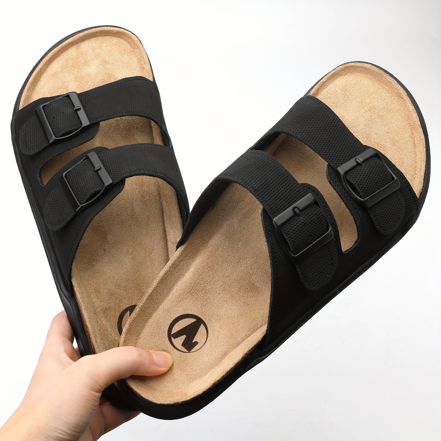 Men's Trendy Open Toe Breathable Slippers With Double Buckle Straps, Comfy Non Slip Casual Slides, Men's Summer Walking Shoes