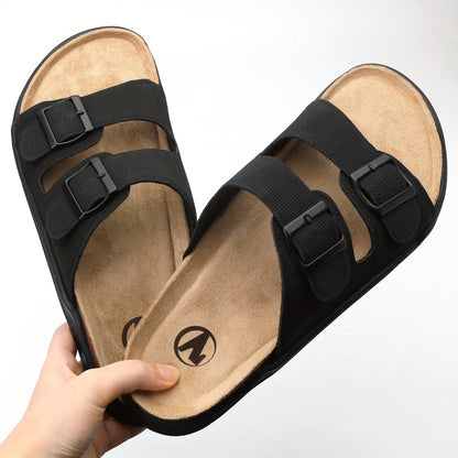 Men's Trendy Open Toe Breathable Slippers With Double Buckle Straps, Comfy Non Slip Casual Slides, Men's Summer Walking Shoes
