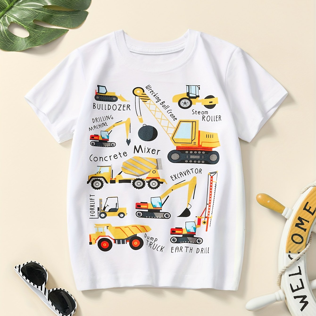 Boys' Cotton Short Sleeve T-Shirt with Cartoon Excavator Print, Breathable Summer Trend