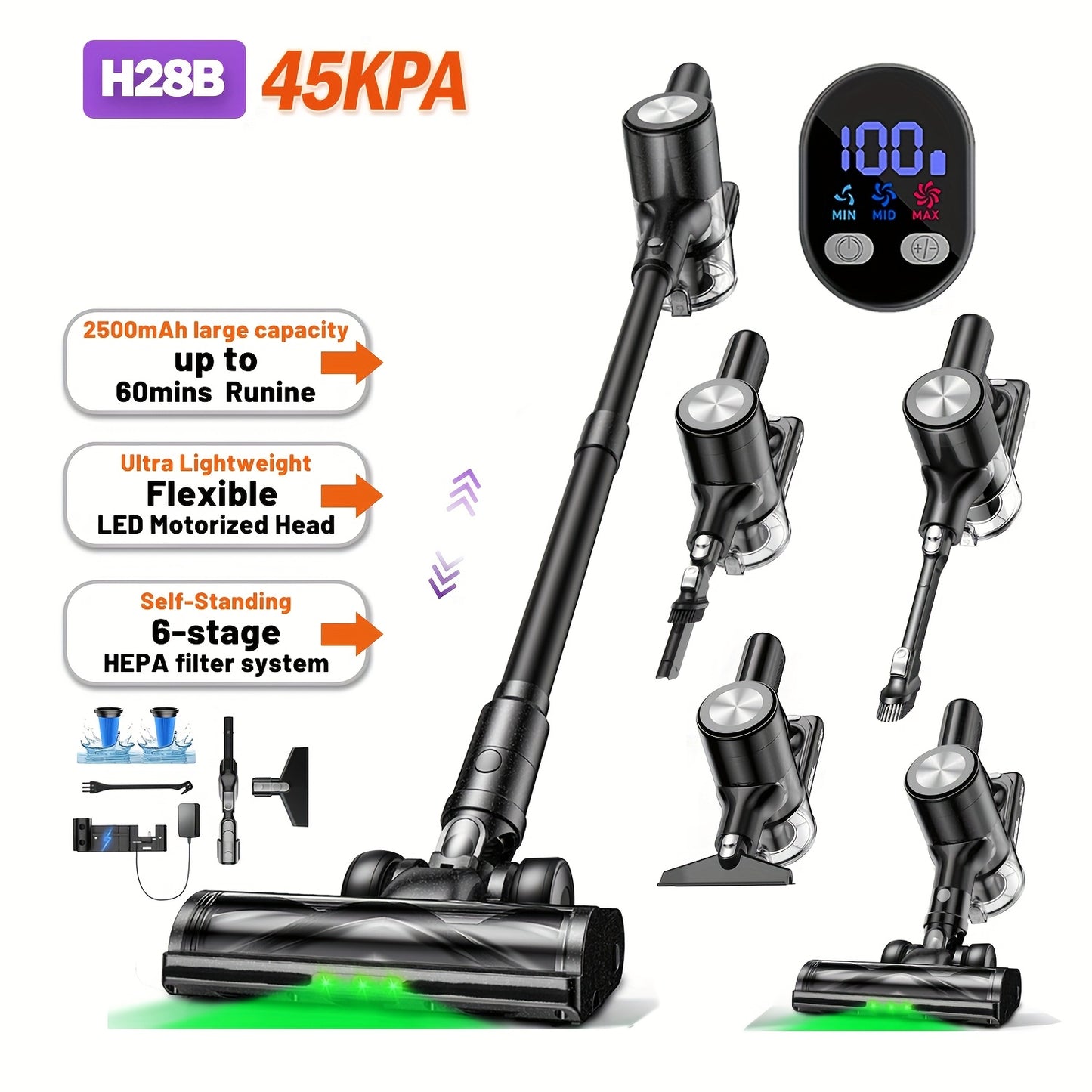 Cordless Vacuum Cleaner, Lightweight Powerful Stick Vacuum Cleaner, 60 Mins Runtime, Self-Standing, Stick Vacuum With Charging Dock Station, Upgraded Green Light&Anti-Tangle FloorBrush, Handheld Vacuum For Pet Hair/Carpet/Flo
