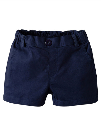 Boys' Summer Set - Casual White Short Sleeve Romper with Navy Blue Collar & Matching Shorts, Easy-Care Polyester, Perfect for Spring/Autumn, Spring Youngsters Outfit|Classic Style|Polyester Blend Outfit, Perfect for Outdoor
