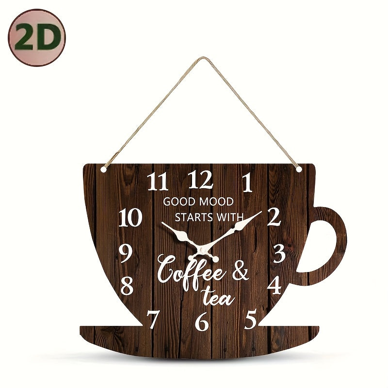 1pc Unique Clock, Coffee Cup Shaped Creative Wall Clock with Arabic Numerals Design in Dark Wood Tone, Silent Quartz Wooden Timepiece for Bedroom, Living Room, Office, Kitchen & Bathroom - Battery Operated (Batteries Not Incl