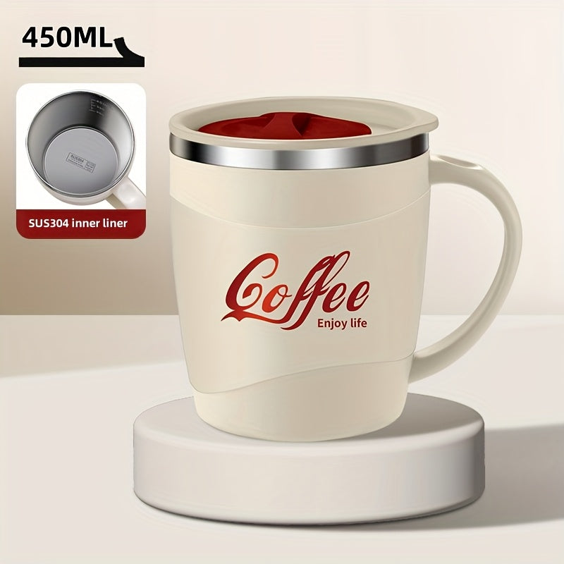 1pc 15.4oz Stainless Steel Coffee Mug with Lid & Measurement Marks - Durable 304 Stainless Steel Cup for Office, Outdoor, or Home Use - White, Black, Red Options, Office Coffee Mug | Sleek Mug Design | Secure Lid Design, Coff