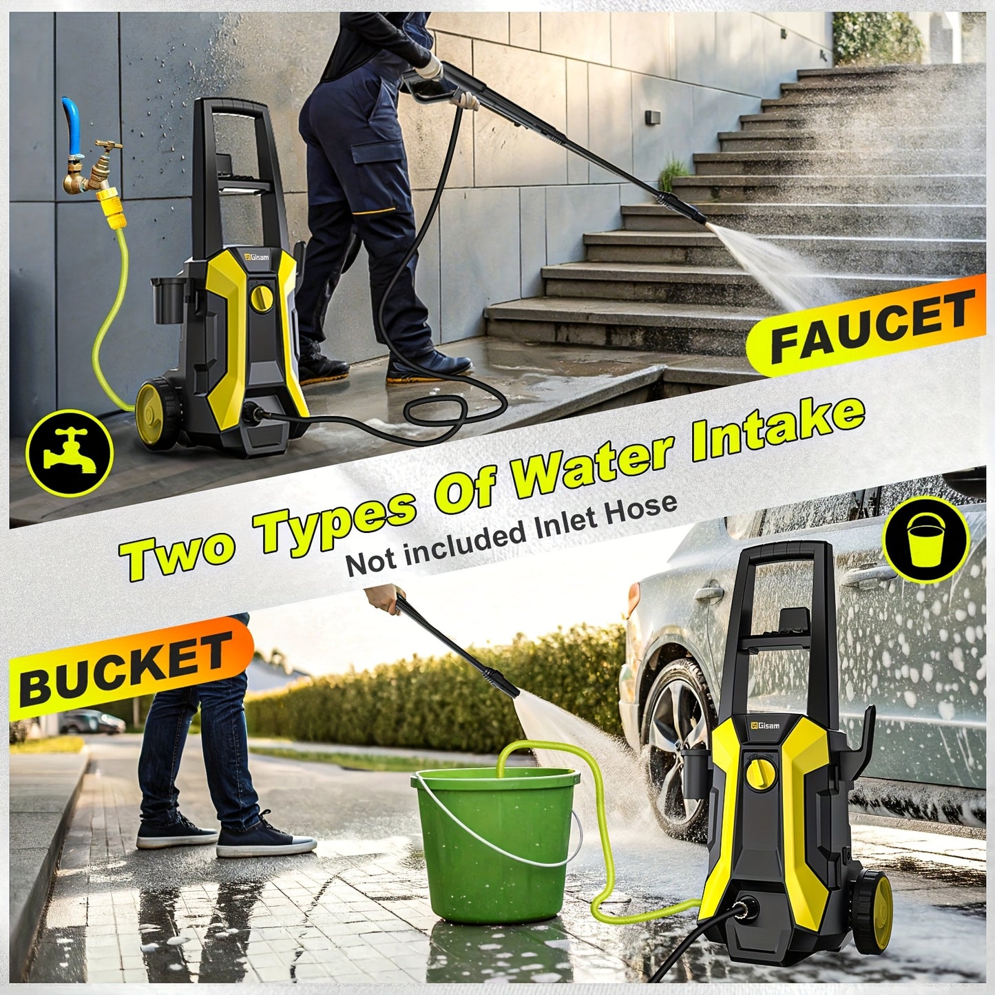 Gisam High-Pressure Washer 2200W 180Bar 480L/H with 8m Hose, Soap Bottle, Foam Nozzle & Lance Gun IPX5 Suitable for Cars/Fences/Gardens/Patios Yellow