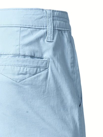 Men'S Classic Solid Color Polyester Short Pants, Casual Golf Wear, Mid Waist, Regular Fit, Slight Stretch Fabric, with Pocket