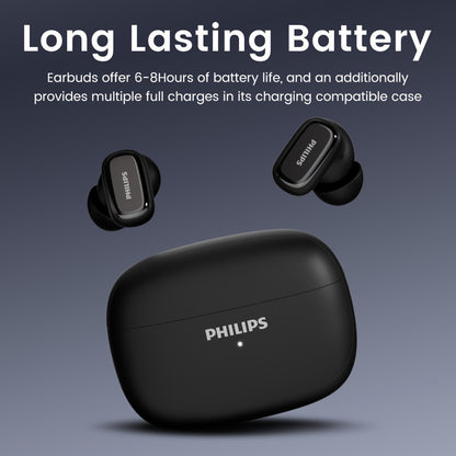 New Philips BT13.72 cm-Ear Earphones with Wireless Charging Case, 24Hour Playtime/Game Modes/Built-in Mic/Touch Control for Gaming, Running, Cycling TAT2569