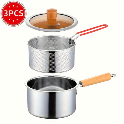 Stainless Steel Multi-Purpose Cookware Set with Frying Basket And Glass Lid - Non-Stick Saucepan, Deep Fryer, Noodle Boiler, Milk Pan, Food Steamer, Suitable for Induction & Gas Stoves
