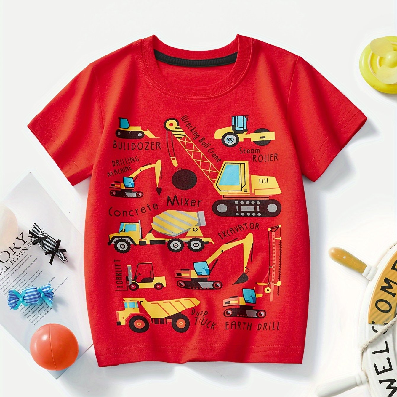 Boys' Cotton Short Sleeve T-Shirt with Cartoon Excavator Print, Breathable Summer Trend