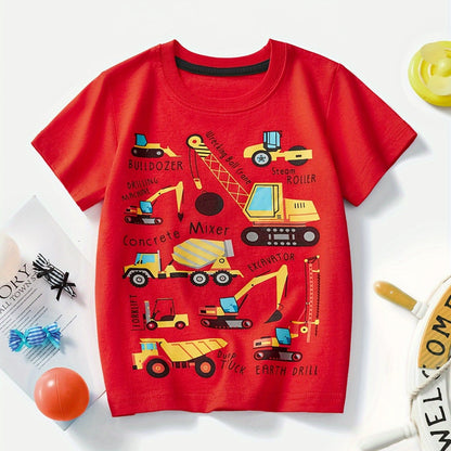 Boys' Cotton Short Sleeve T-Shirt with Cartoon Excavator Print, Breathable Summer Trend