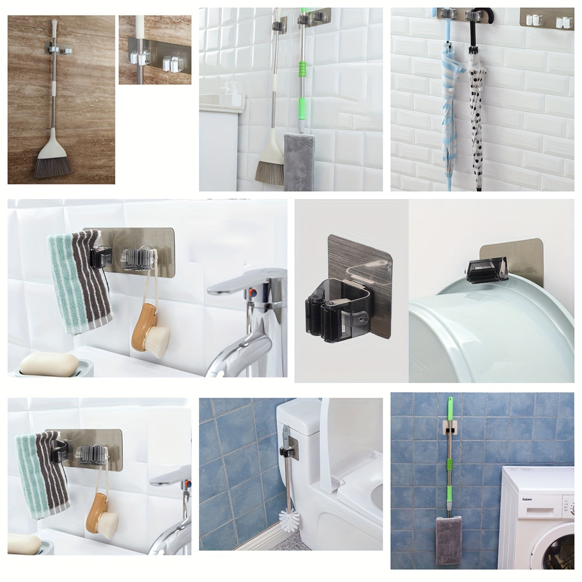 4pcs, Strong Mop Hook, Mop Clip, Punch-free Wall Mounted Mop And Broom Storage Clip, Adhesive Mop Storage Holder, Mop Hanging Rack, Multifunctional Tools Storage Clip For Bathroom Kitchen Garden, Strong Sticky, Cleaning Acces