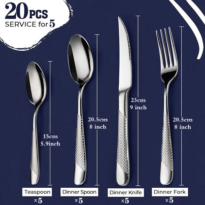 20/40-piece silverware cutlery set, textured hammer handle, durable cutlery including spoons, forks, knives, high-quality mirror-polished stainless steel, dishwasher safe, suitable for home kitchens, restaurants, hotels, and parties.
