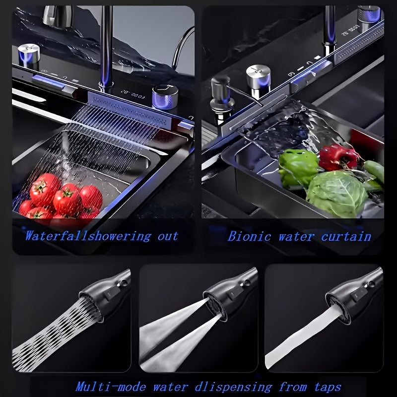 A Single-bowl Design Named 'Whale Rainfall Kitchen Sink' For Halloween And Christmas, Crafted From 304 Nanometre Stainless Steel. Features A Digital Display And Embossed Texture, Complete With Tap. Drainage Outlet Positioned