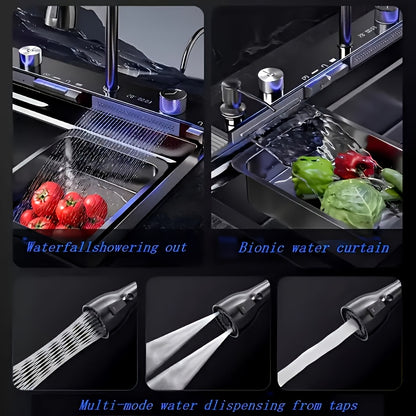 A Single-bowl Design Named 'Whale Rainfall Kitchen Sink' For Halloween And Christmas, Crafted From 304 Nanometre Stainless Steel. Features A Digital Display And Embossed Texture, Complete With Tap. Drainage Outlet Positioned