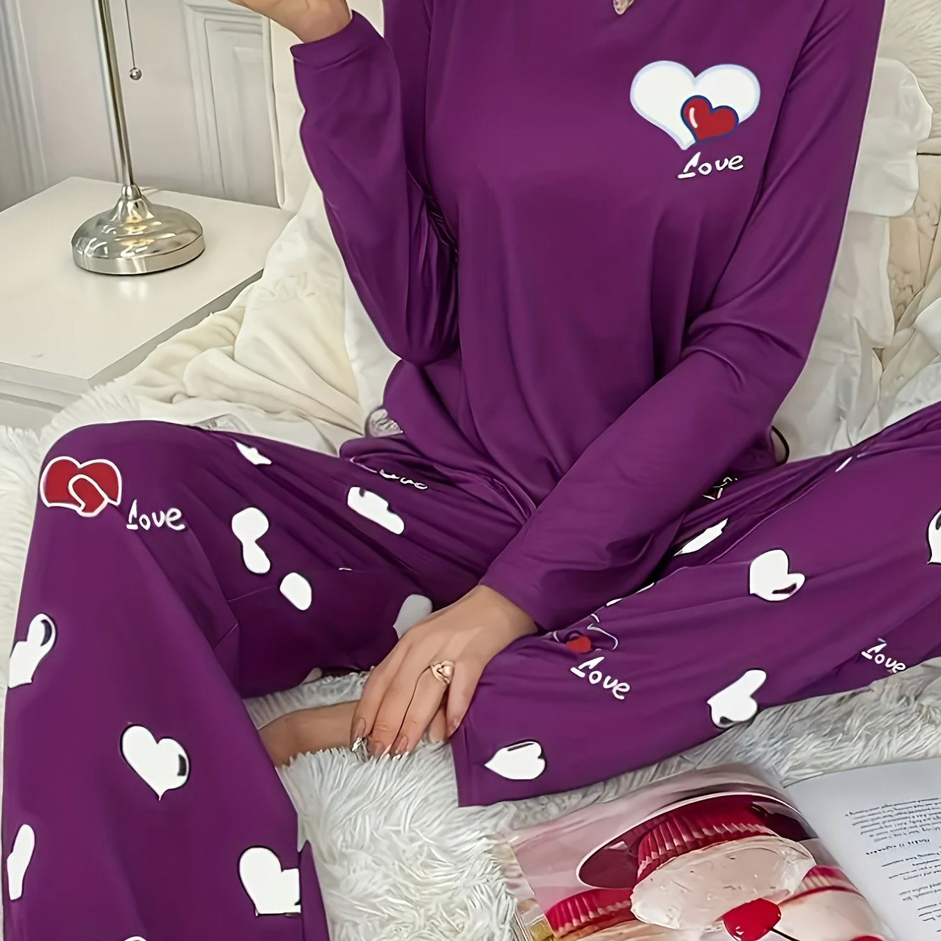 Plus Size Casual Heart Print Round Neck Long Sleeve Pantsuit