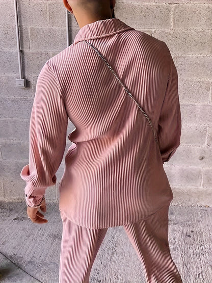 Men's 2Pcs Outfits, Casual Lapel Button Up Long Sleeve Shirt And Pants Set For Summer, Men's Clothing For Daily Leisure Vacation Resorts, Coquette Style