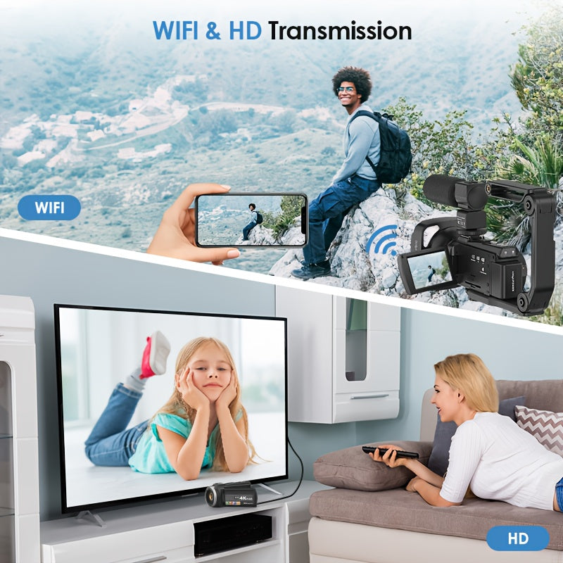 Flyfrost 4K 60FPS HD Camcorder with External Mic, 6D Stabilization & WIFI FPV Drone-like Camera, 48MP Photo/Video, 7.62cm Touch Screen, Auto Focus, 80° Lens, Remote Control, Compatible with PC/Mobile for Vlogging, YouTube Re