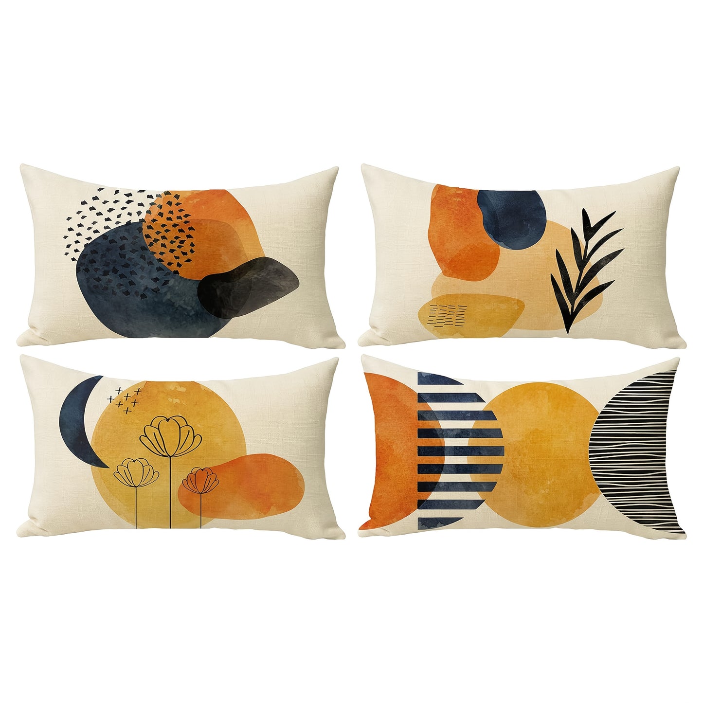 4pcs Boho Abstract Art Decorative Throw Pillow Covers - Modern Geometric, Sun & Moon Designs with Botanical Accents, Rectangular Polyester Cushion Cases for Home Decor - Machine Washable, Zip Closure (No Inserts), Decorative