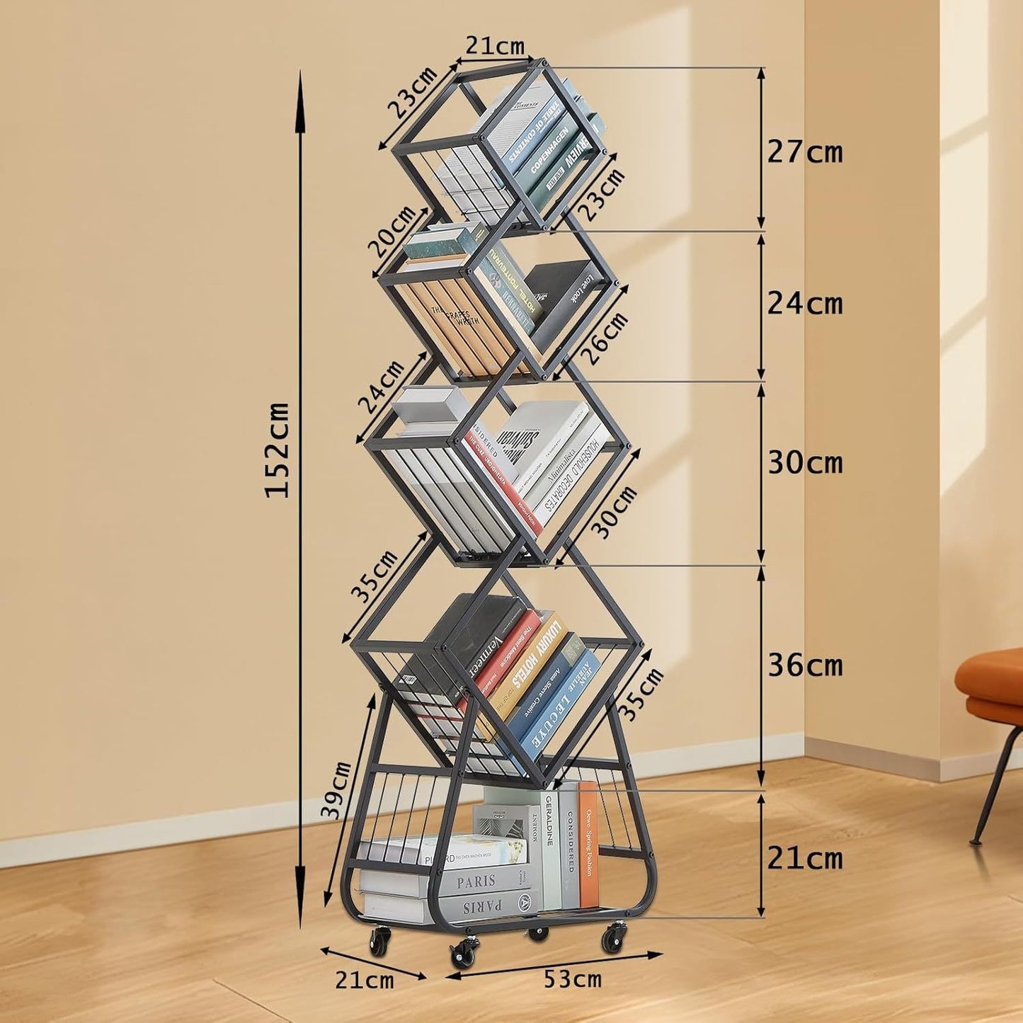 5-Tier Rotating Bookshelf with Wheels - Heavy-Duty Modern Minimalist Bookcase, 360° Swivel Shelf, Space-Saving Storage Organizer for Home Office, Living Room, Bedroom - Easy-Move Casters (Black), Bookshelf Decorations, Versa