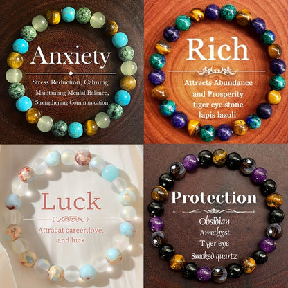 4pcs FUTTMI Natural Stone Elastic Bracelets for Women - Bohemian Style, Protection & Luck Charms, Handmade Stretch Beaded Jewelry with Tiger Eye, Obsidian, Amethyst & Smoked Quartz for Daily Wear & Gifts, Charm Beads for Brac