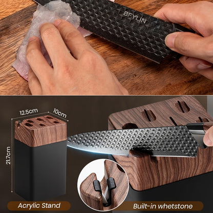 Conjunto de 7 facas de chef com bloco de facas em PE - Lâminas robustas em aço inoxidável 304, extra afiadas, pega ergonómica antiderrapante, facas de cozinha profissionais (chef, descascar, fatiar, pão, multiusos, tipo tesoura) - Kit de corte completo