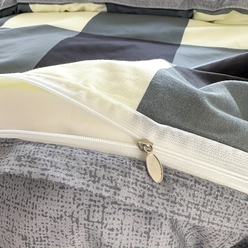 Conjunto de cama de 4 peças macio e respirável - Estampado xadrez espacial criativo, lavável à máquina - inclui lençol, edredão e 2 fronhas para todas as estações - ideal para dormitórios de estudantes, quartos e quartos de hóspedes.