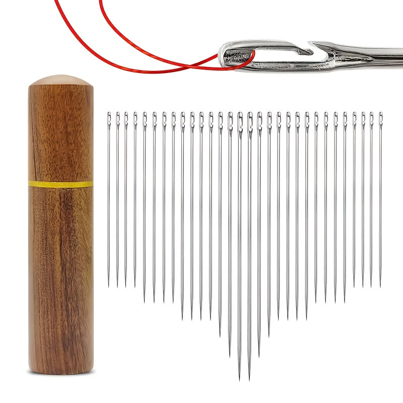 Self threading needle set, various sizes, wooden storage tube, easy insertion for the elderly, hand sewing, bed sheets, clothes and embroidery