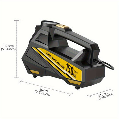 Inflador de pneus digital CaRSun, bomba de ar portátil com luz LED para automóveis, motos e bicicletas - DC 12V, 150 PSI, design preto e amarelo, alimentação por ficha, sem necessidade de bateria, insuflador de pneus de bicicleta | Porta elegante