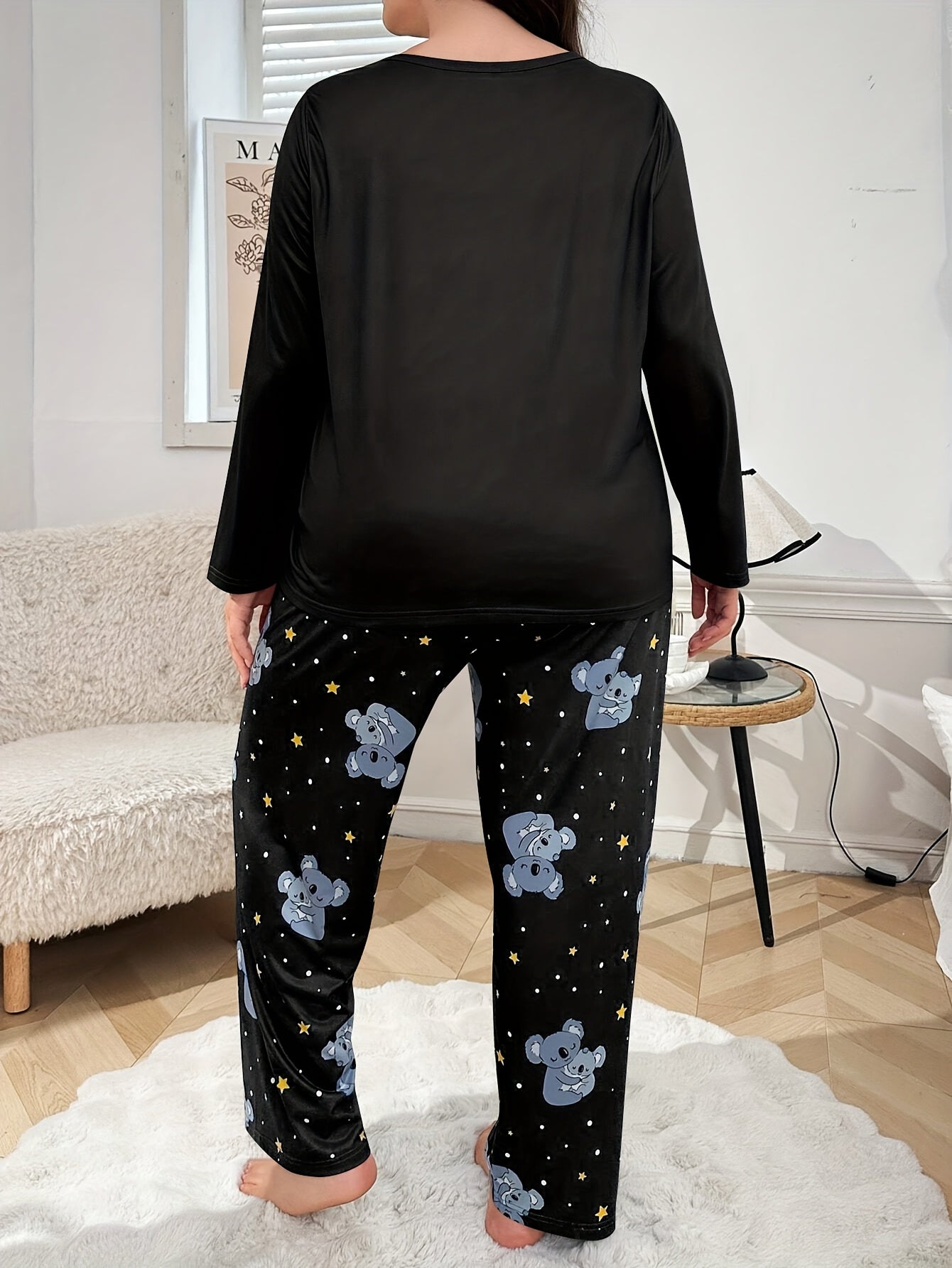 Plus Size Autumn/Winter Women's Pajamas with Cute Cartoon Koala Print Long Sleeve Loungewear Set
