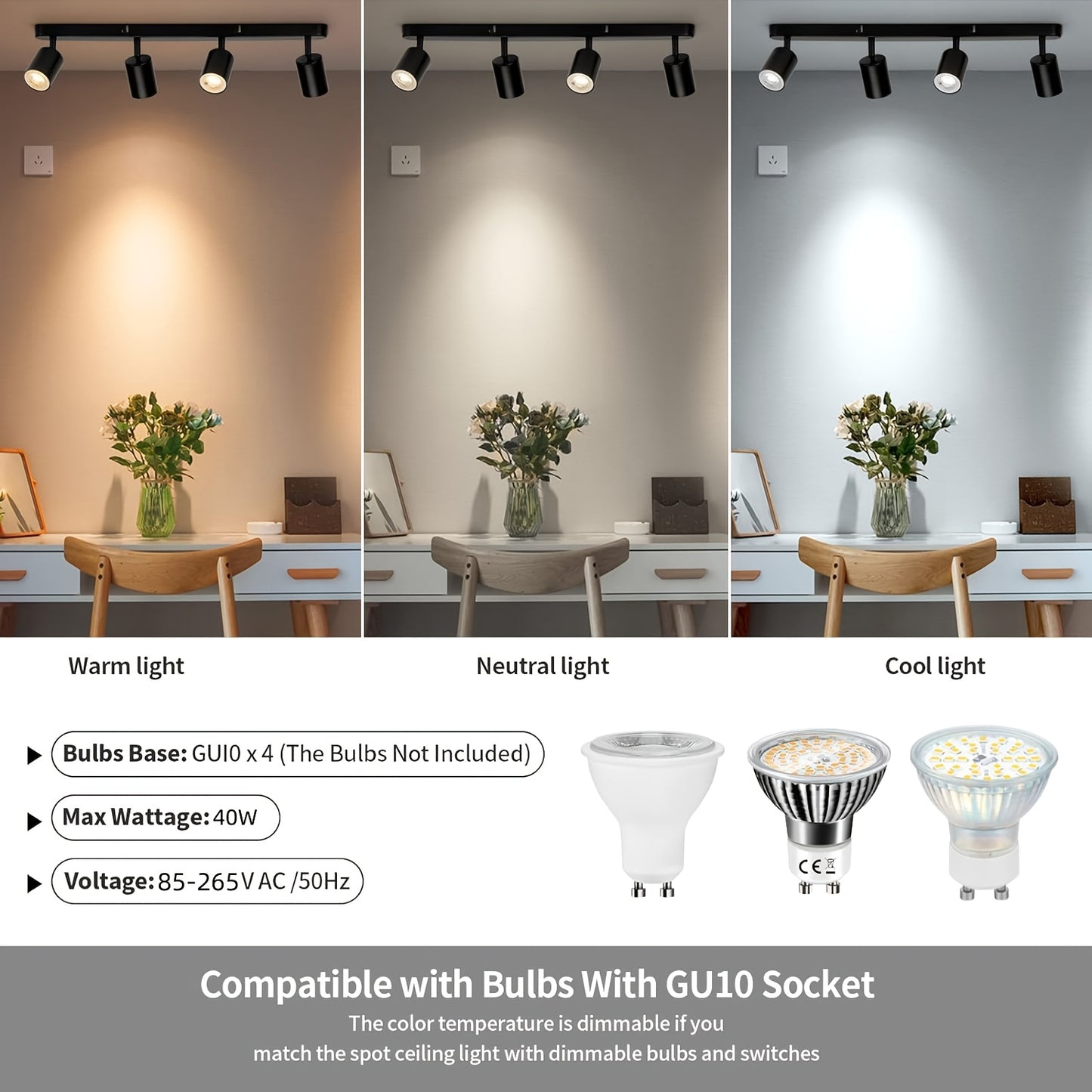 4-Head Adjustable Spotlight Ceiling Light Fixture - Modern Black Metal Semi-Flush Mount with 4 Adjustable Arms, 110-240V Hardwired, No Battery Needed, Easy Installation for Living Room, Bedroom, Office, Kitchen, Bathroom, Cei