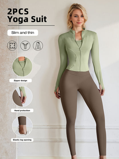 European Code Polyester Fabric Gym Running Clothes Long Sleeve Sports Jacket Cycling and Walking Tightening Buttocks Pants Fitness Suit