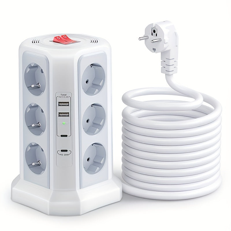 EU Multifunctional Power Tower Plug with 2 USB A Ports And 2 USB C Ports, HAFINO Triple 12-position Multi-socket Power Strip with PD 20W Fast Charging (4000W 16A) for Home And Office Scenarios